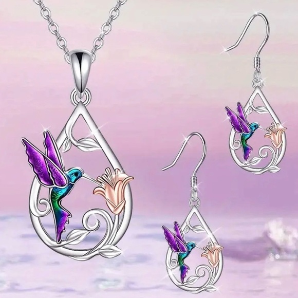 Blue Hummingbird Teardrop Necklace & Earrings Set NWT - Picture 8 of 8